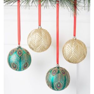 🌺 Holiday Lane Set of 4 Peacock Gold Holiday Ornaments